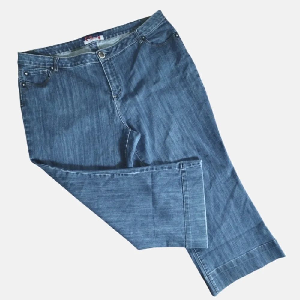 Vintage 90s Dark‎ Blue Denim High Rise Wide Leg Flare Jeans PlusSize 24W